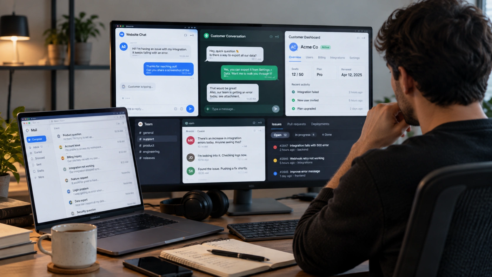 A SaaS founder at a desk juggling customer support across email, website chat, a customer conversation, a customer dashboard, a team chat channel and an issue tracker