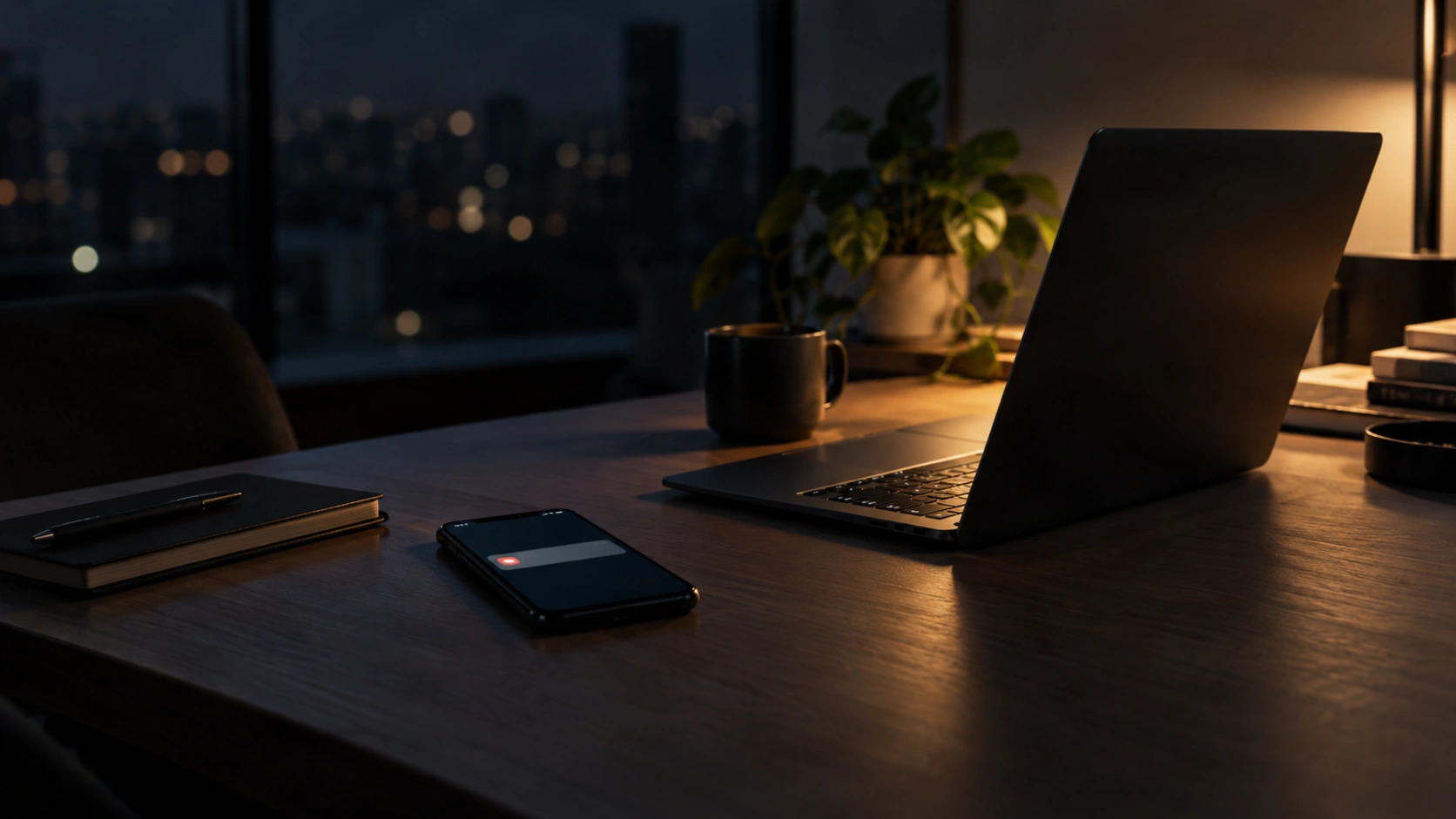 A laptop on a desk late at night beside a coffee mug and a notebook, with a phone lighting up with a new customer message